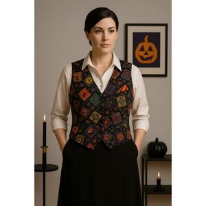 Basic Editions Halloween Vest Womens M Black Cat Pumpkin Novelty Spooky Festive‎
